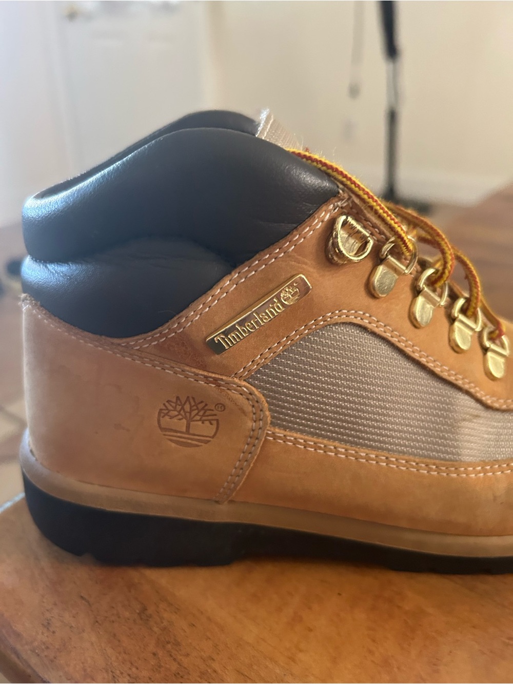 Timberland Wheat Leather Hiking Boot with Black Collar and Gold Hardware